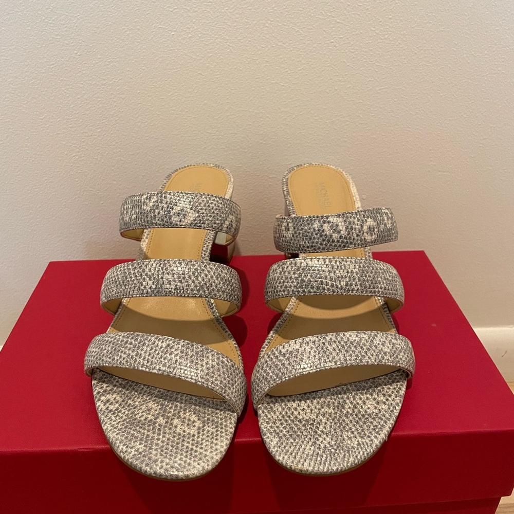 Michael by Michael Kira silver faux snakeskin block heel sandal